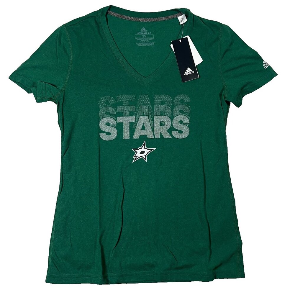 Adidas Womens S Green Dallas Stars Hockey V-Neck Ultimate 2 Short Sleeve Tee NWT